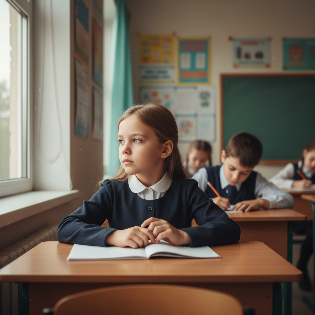 Una bambina seduta a un banco scolastico che guarda fuori dalla finestra con espressione pensierosa, mentre i compagni scrivono.
