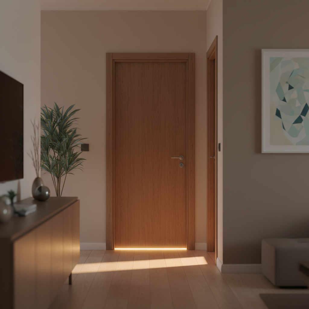 Una porta di legno chiusa in un corridoio domestico moderno con una luce soffusa che filtra da sotto.