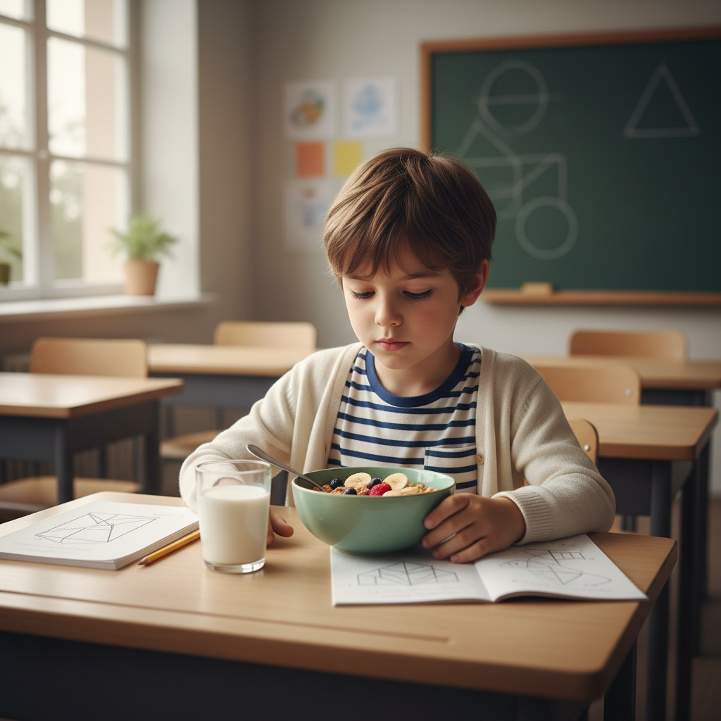 Un bambino concentrato a scuola mentre fa colazione con frutta e cereali integrali prima di andare in classe