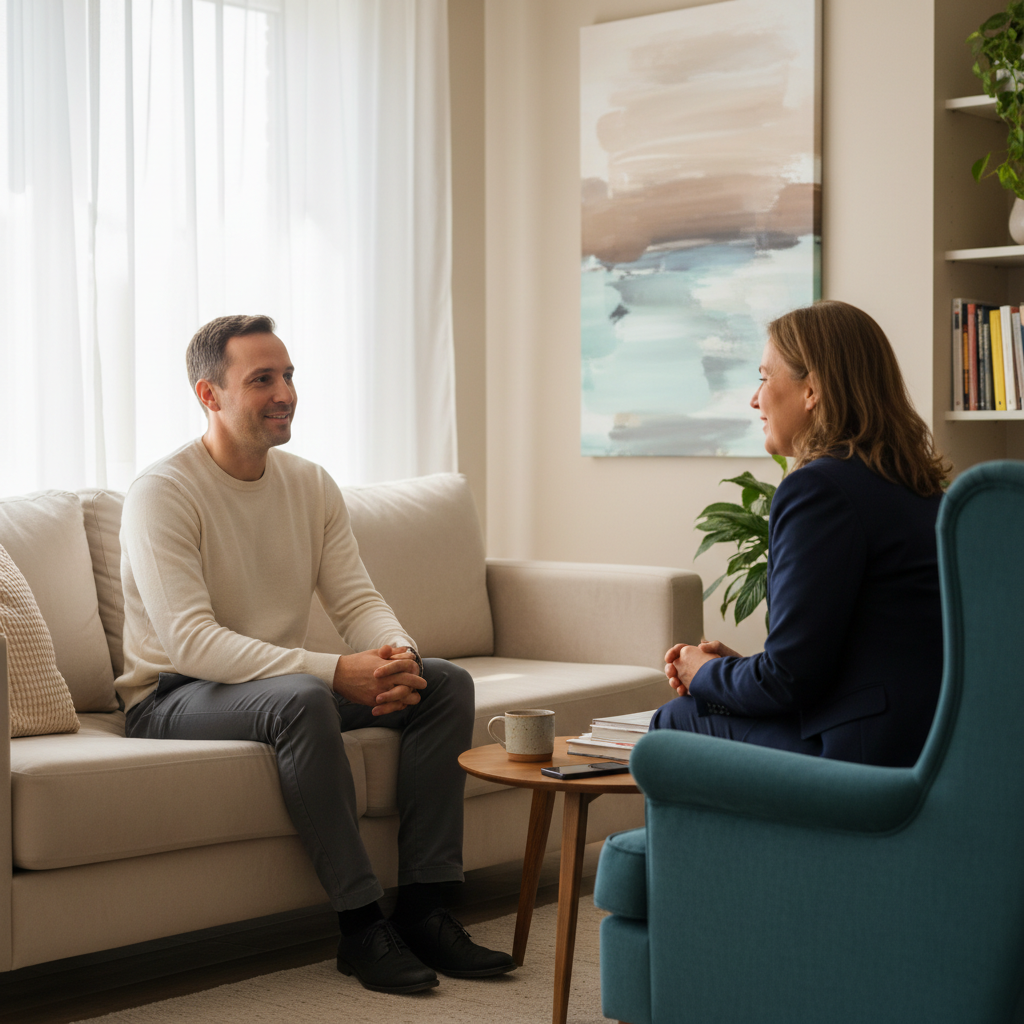 Una persona adulta seduta su un divano in un ambiente accogliente mentre parla con uno psicoterapeuta in modo rilassato.