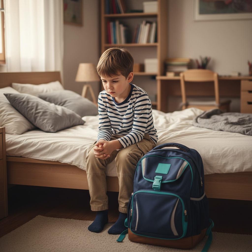 Bambino seduto sul letto con zaino scolastico, che appare preoccupato e pensieroso prima di andare a scuola.