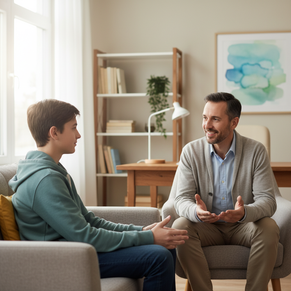Un educatore e un adolescente in un colloquio empatico in un ufficio accogliente