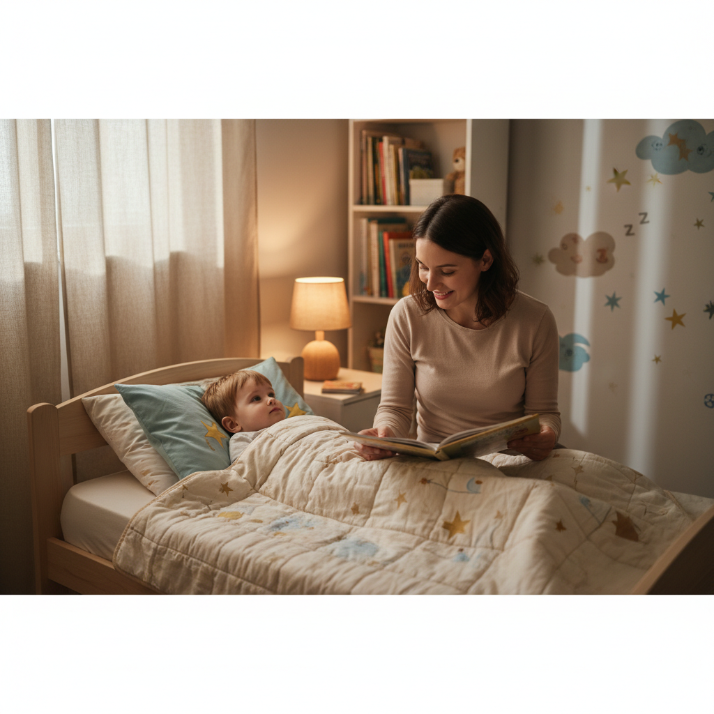 Una mamma che legge una fiaba al suo bambino nel suo lettino, atmosfera calda e luci soffuse in una cameretta accogliente.