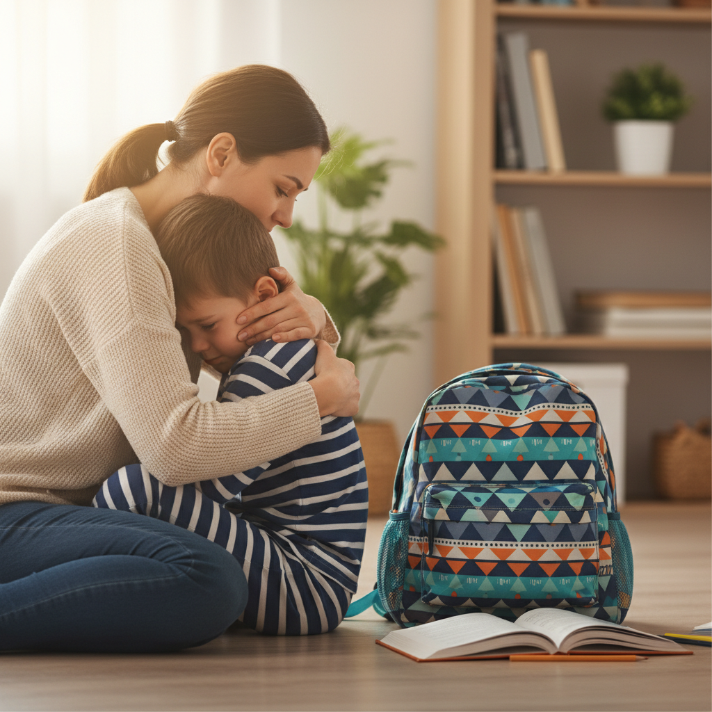 Una mamma che abbraccia teneramente il suo bambino davanti a uno zainetto scolastico dai colori vivaci.