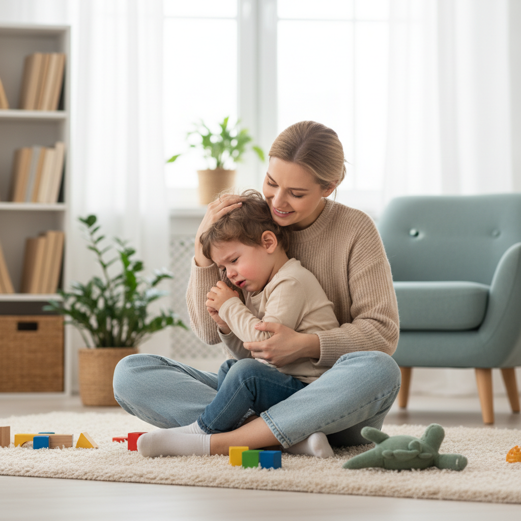 Una mamma che abbraccia con dolcezza il suo bambino piccolo seduto a terra dopo un momento di crisi