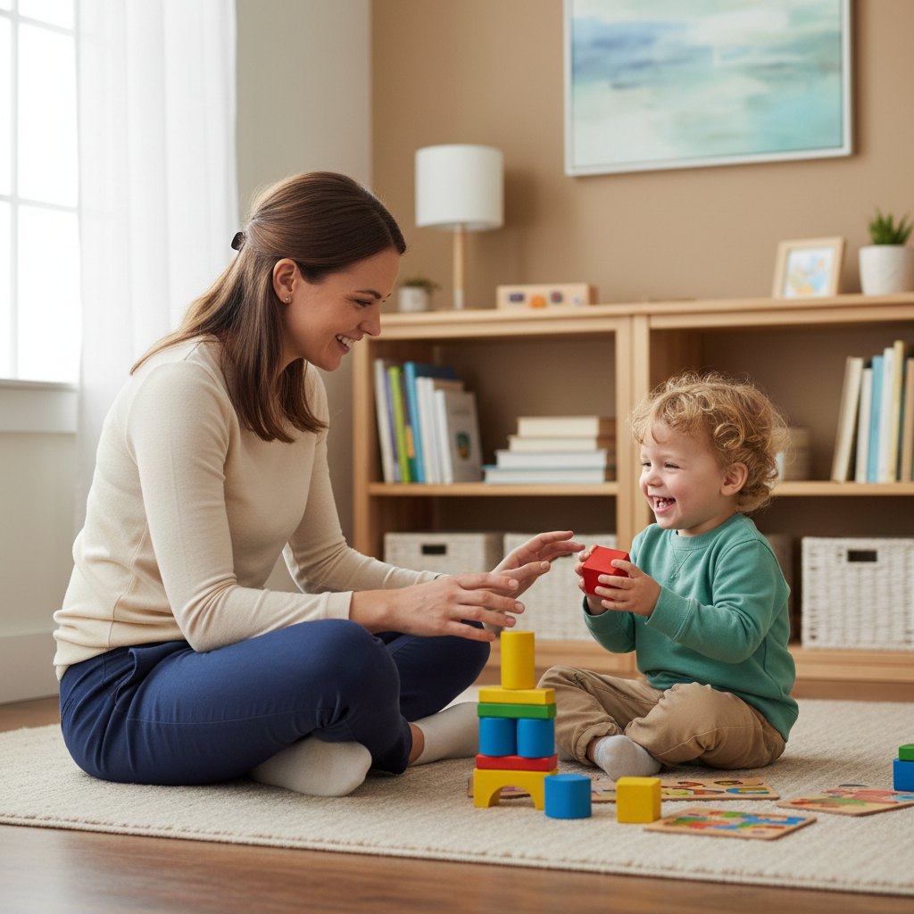 Una logopedista sorridente interagisce con un bambino usando giochi colorati in uno studio accogliente.