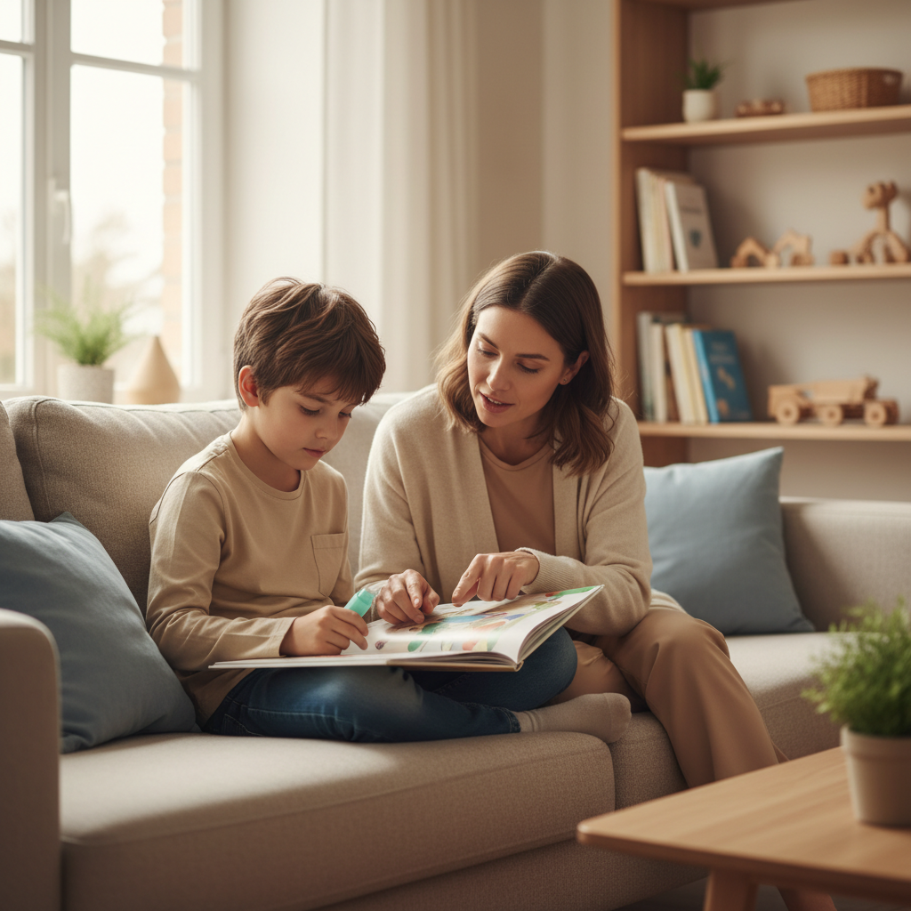Bambino concentrato durante la lettura con il supporto di un genitore in un ambiente sereno.