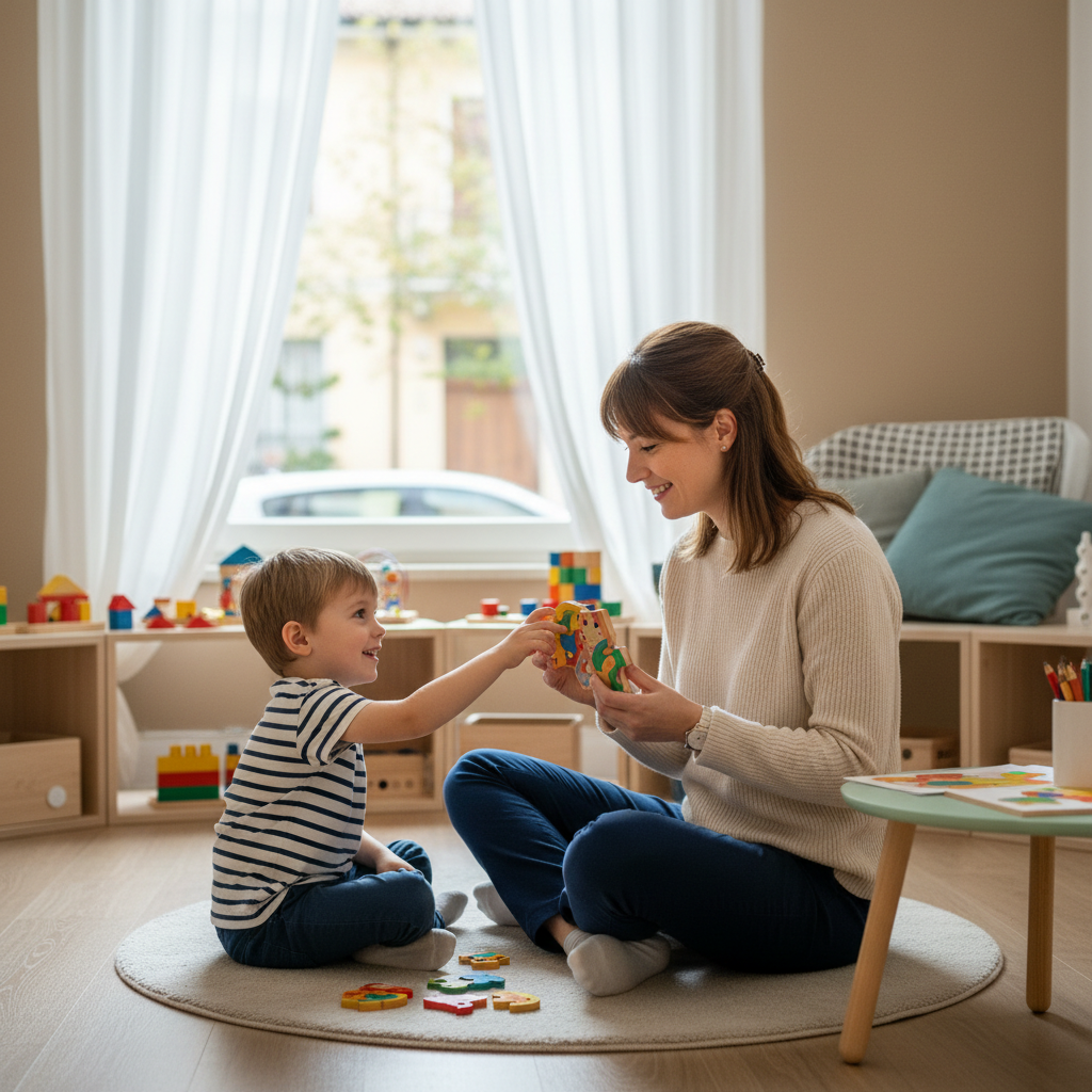 Logopedista che interagisce con un bambino attraverso giochi educativi in uno studio accogliente a San Giuliano Milanese.