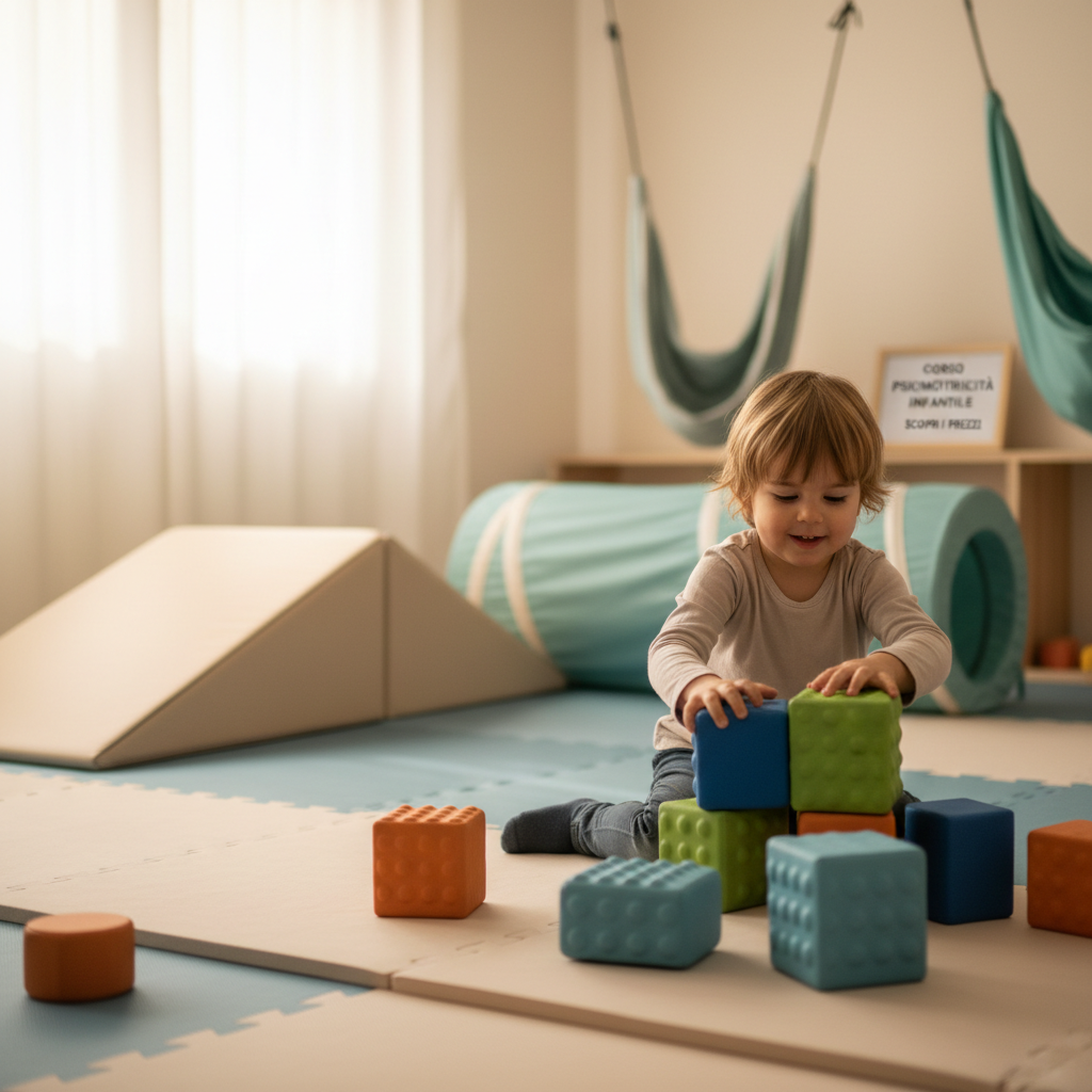 Bambino che gioca con blocchi colorati in una stanza di psicomotricità accogliente e luminosa.