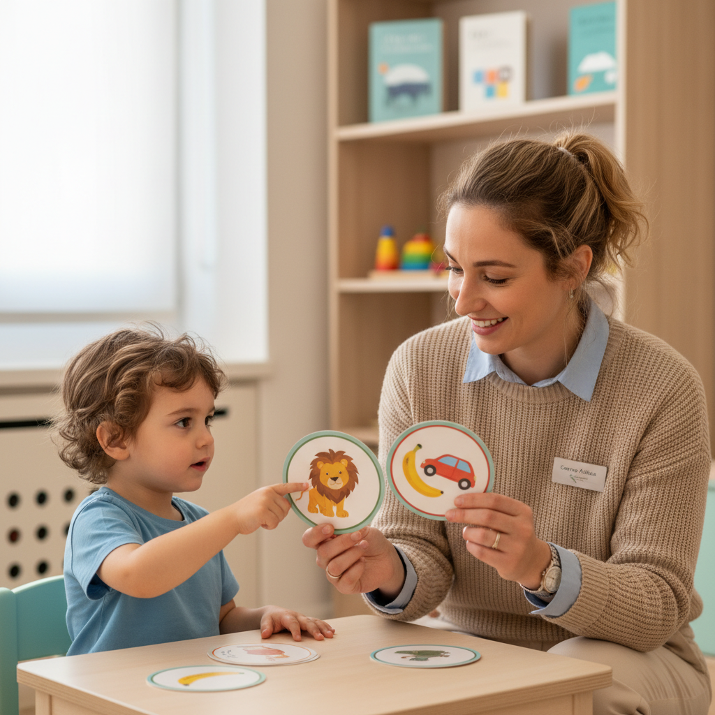 Una logopedista sorridente del Centro Althea gioca con un bambino usando delle carte illustrate per stimolare il linguaggio