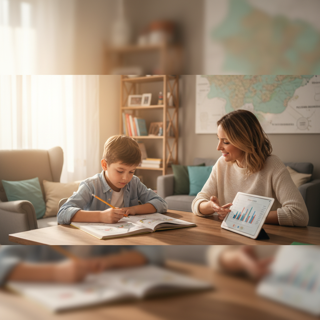 Bambino che cerca di concentrarsi sui compiti con l'aiuto di un professionista in uno studio accogliente a San Giuliano Milanese