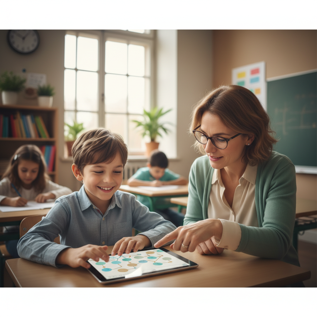 Bambino sorridente che utilizza un tablet a scuola con mappe concettuali, supportato da un insegnante in un ambiente accogliente.