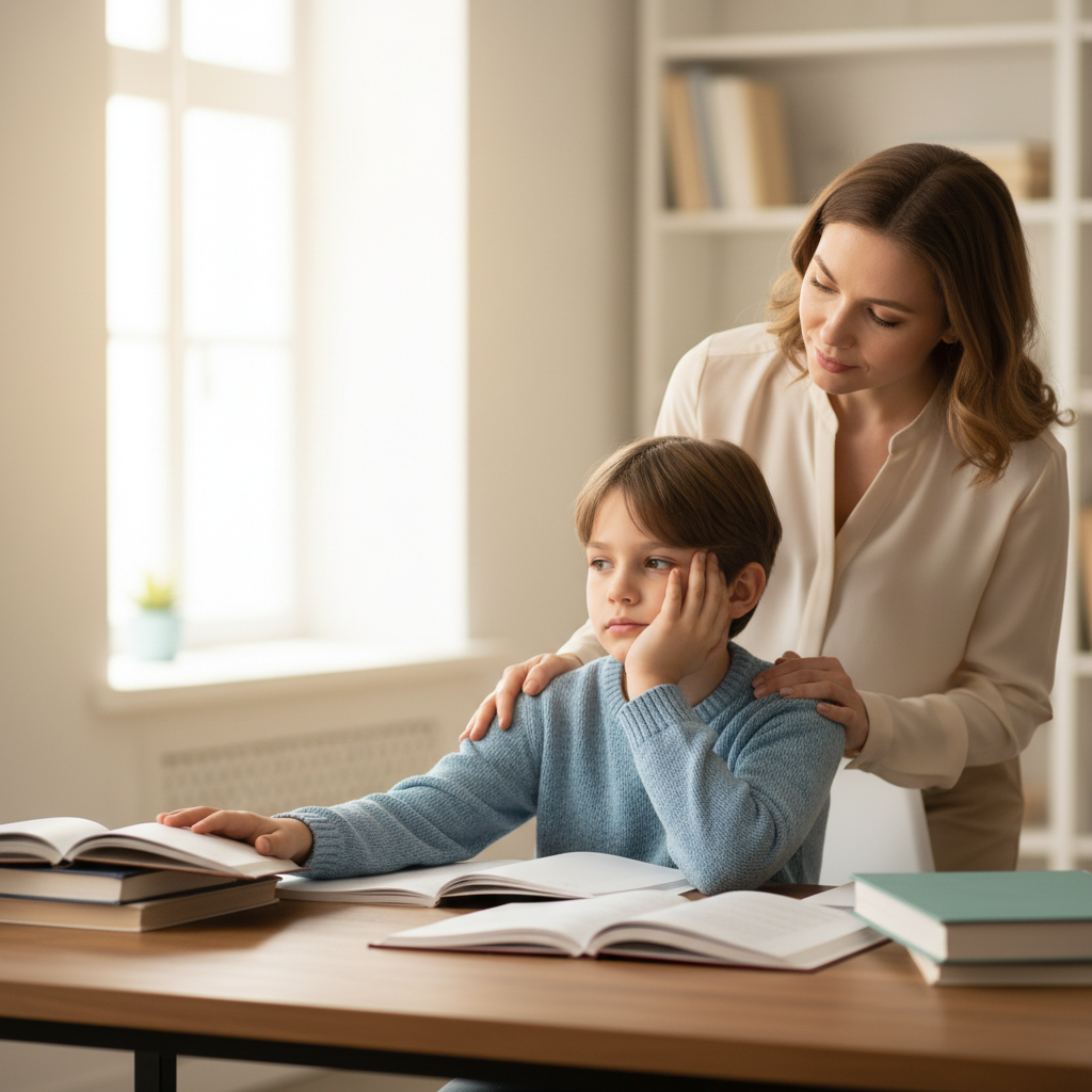 Un bambino seduto alla scrivania che guarda con aria pensierosa i suoi libri di scuola, mentre un genitore lo sostiene con mano sulla spalla in un ambiente