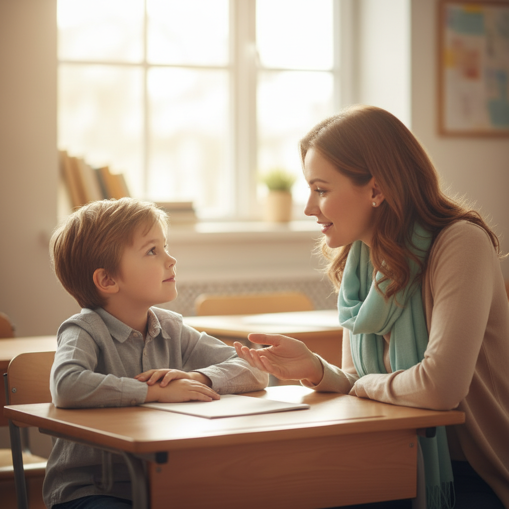 Un bambino seduto a un banco di scuola che interagisce con un'insegnante in modo empatico e sereno.