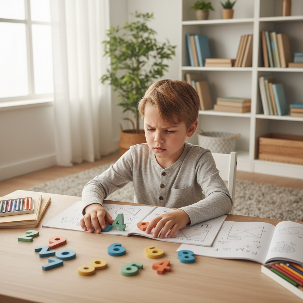 Un bambino seduto a una scrivania che guarda confuso dei numeri di legno colorati sparsi sul tavolo, in un ambiente accogliente e luminoso.
