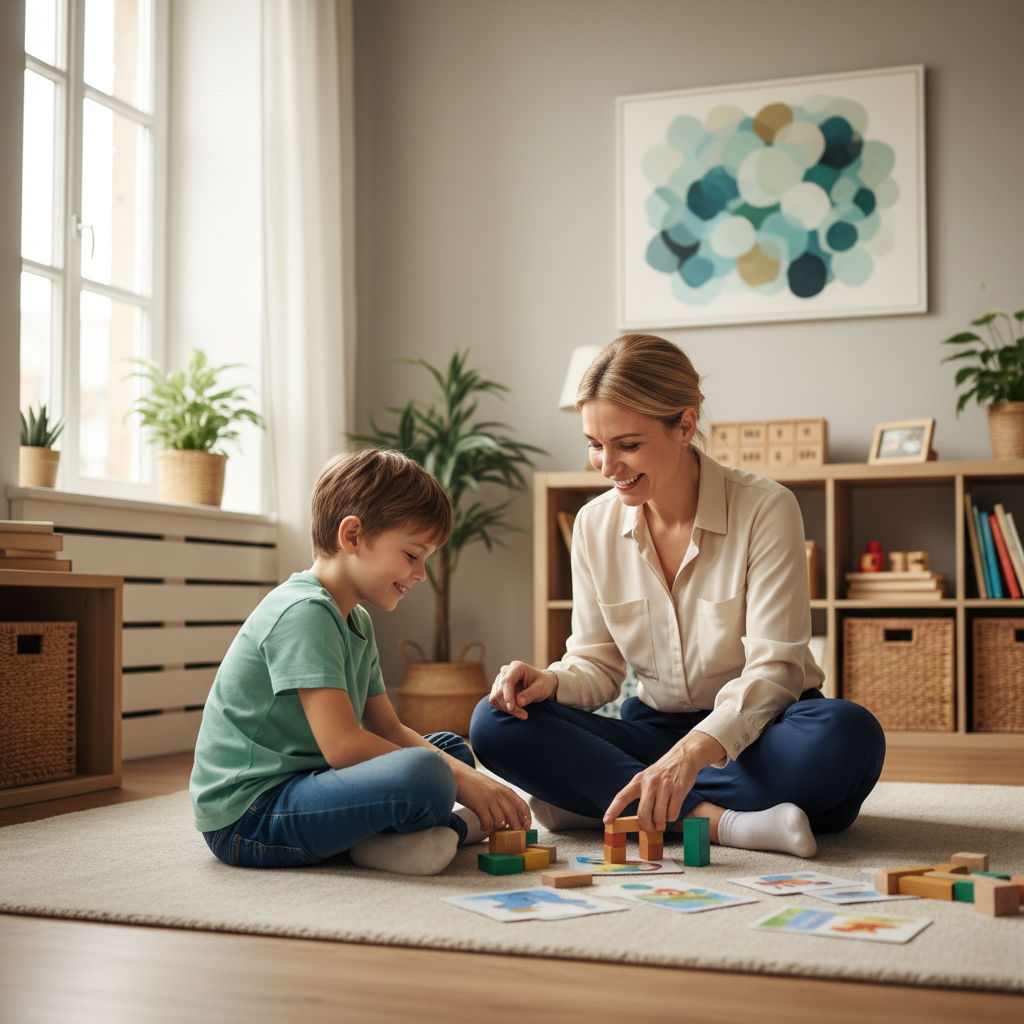 Una specialista sorridente che interagisce con un bambino durante un'attività di gioco e apprendimento in uno studio accogliente.