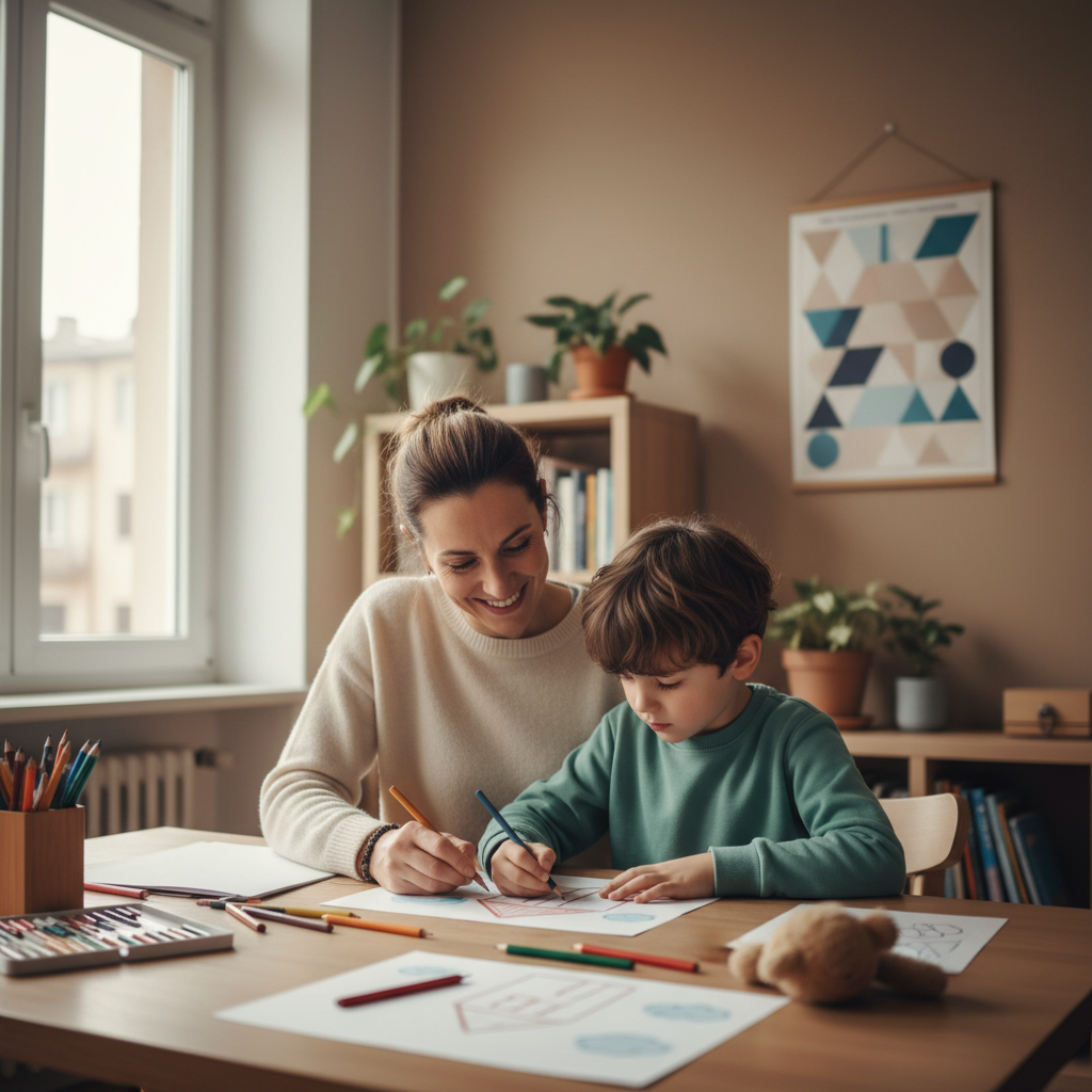 Una psicologa dell'età evolutiva che interagisce con un bambino attraverso il disegno in uno studio accogliente a San Giuliano Milanese.