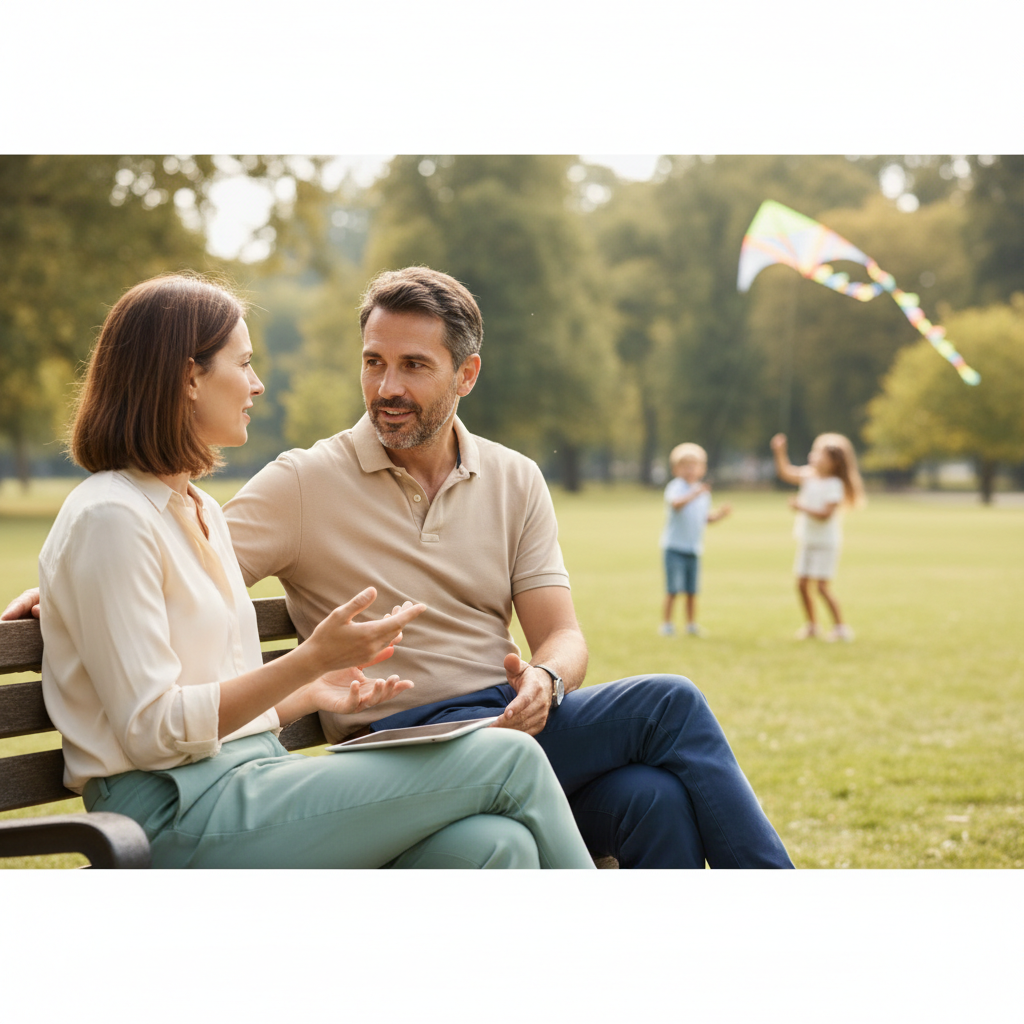Una coppia di genitori che parla con calma in un parco mentre i figli giocano sullo sfondo, rappresentando la co-genitorialità efficace.