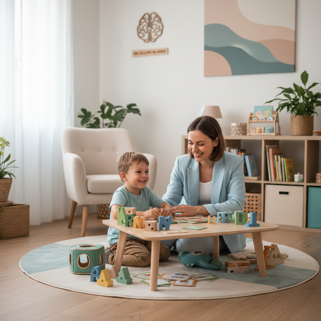 Una logopedista sorridente interagisce con un bambino di 5 anni usando giochi educativi colorati in uno studio accogliente a San Giuliano Milanese.