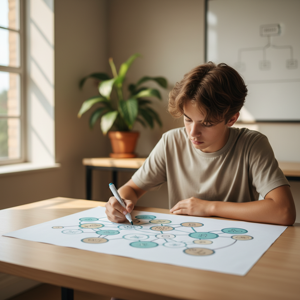 Un adolescente seduto a una scrivania ordinata che costruisce una mappa concettuale colorata su un foglio grande, in un ambiente luminoso.