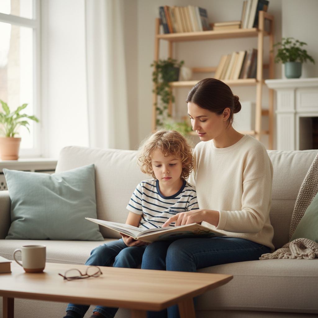 Una mamma e un bambino seduti sul divano leggono insieme un libro in un ambiente accogliente e luminoso.