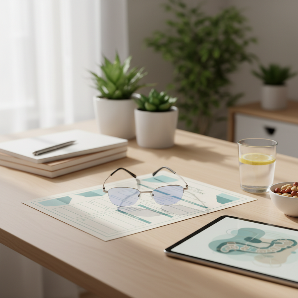 Una consulenza nutrizionale professionale con un piano alimentare personalizzato su una scrivania luminosa.