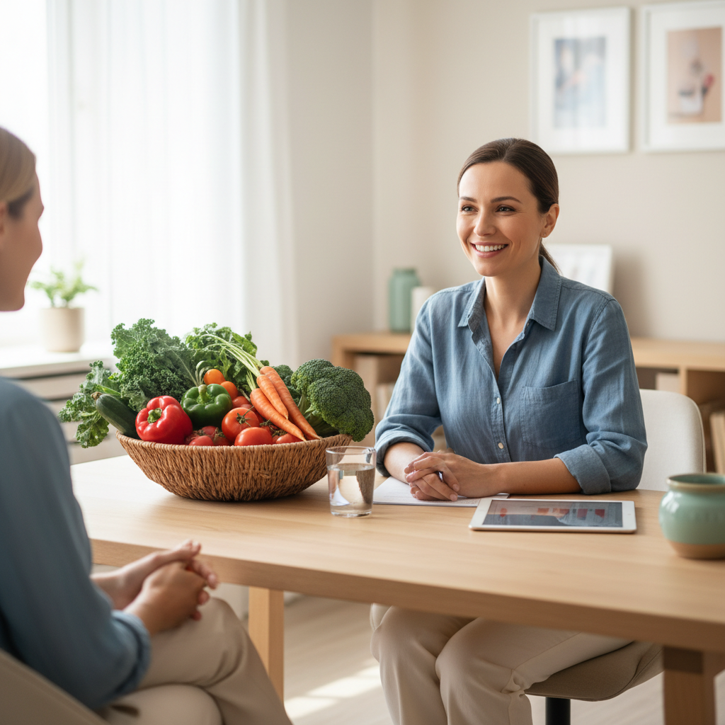 Una nutrizionista sorridente durante una consulenza professionale con un cesto di verdure fresche su una scrivania luminosa.