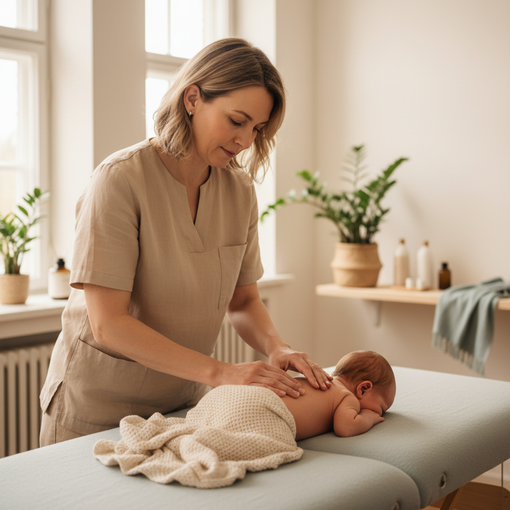Osteopata esperto che appoggia delicatamente le mani sulla schiena di un neonato in un ambiente luminoso e rilassante.