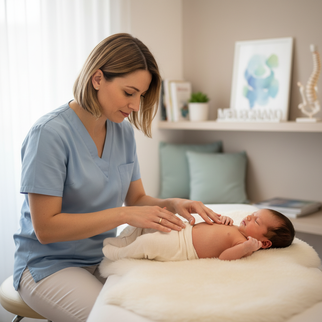 Un osteopata pediatrico che esegue un trattamento manuale molto delicato sull'addome di un neonato sereno durante una visita.