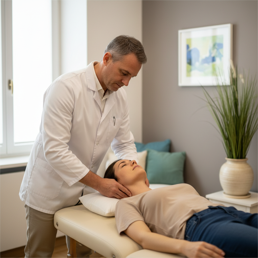 Un osteopata che esegue una tecnica di mobilizzazione dolce sul tratto cervicale di un paziente in uno studio professionale.