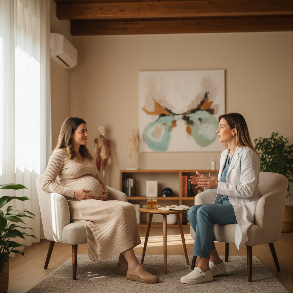 Una donna in gravidanza seduta comodamente che riceve una consulenza professionale in uno studio accogliente a San Giuliano Milanese.