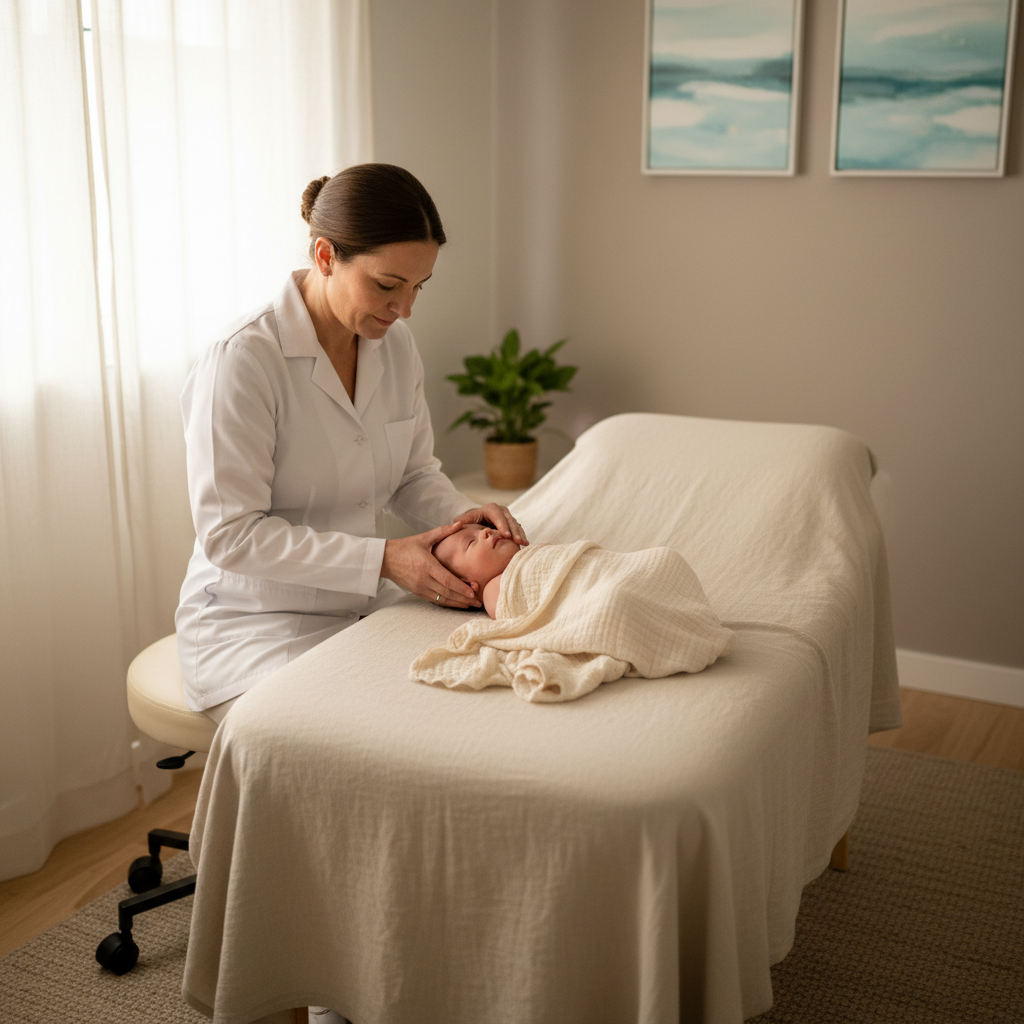 Un osteopata che tratta con delicatezza il cranio di un neonato in un ambiente calmo e luminoso.