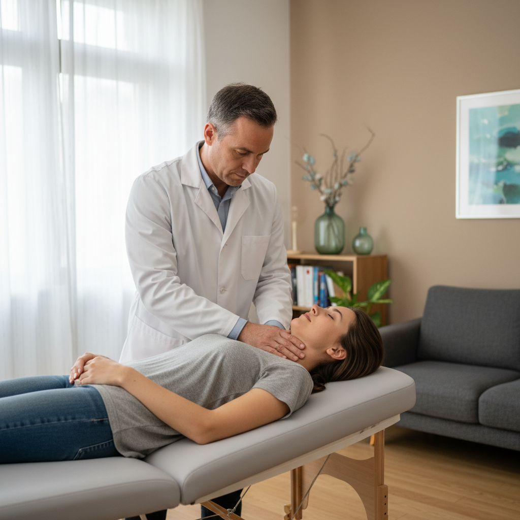 Un osteopata che esegue una manipolazione delicata del tratto cervicale a un paziente in uno studio luminoso e professionale.