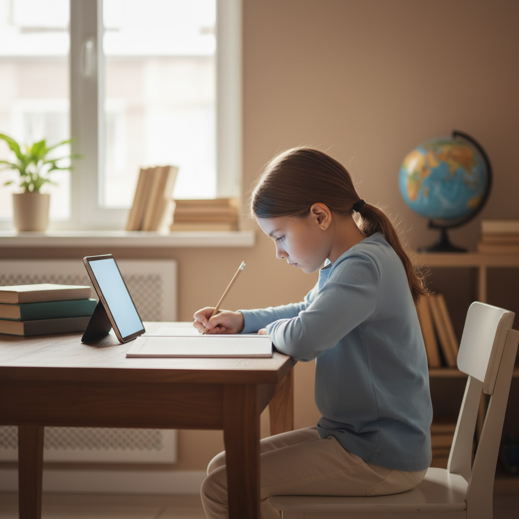 Una bambina seduta alla scrivania mentre scrive, vista di profilo per osservare la posizione della schiena e delle spalle.