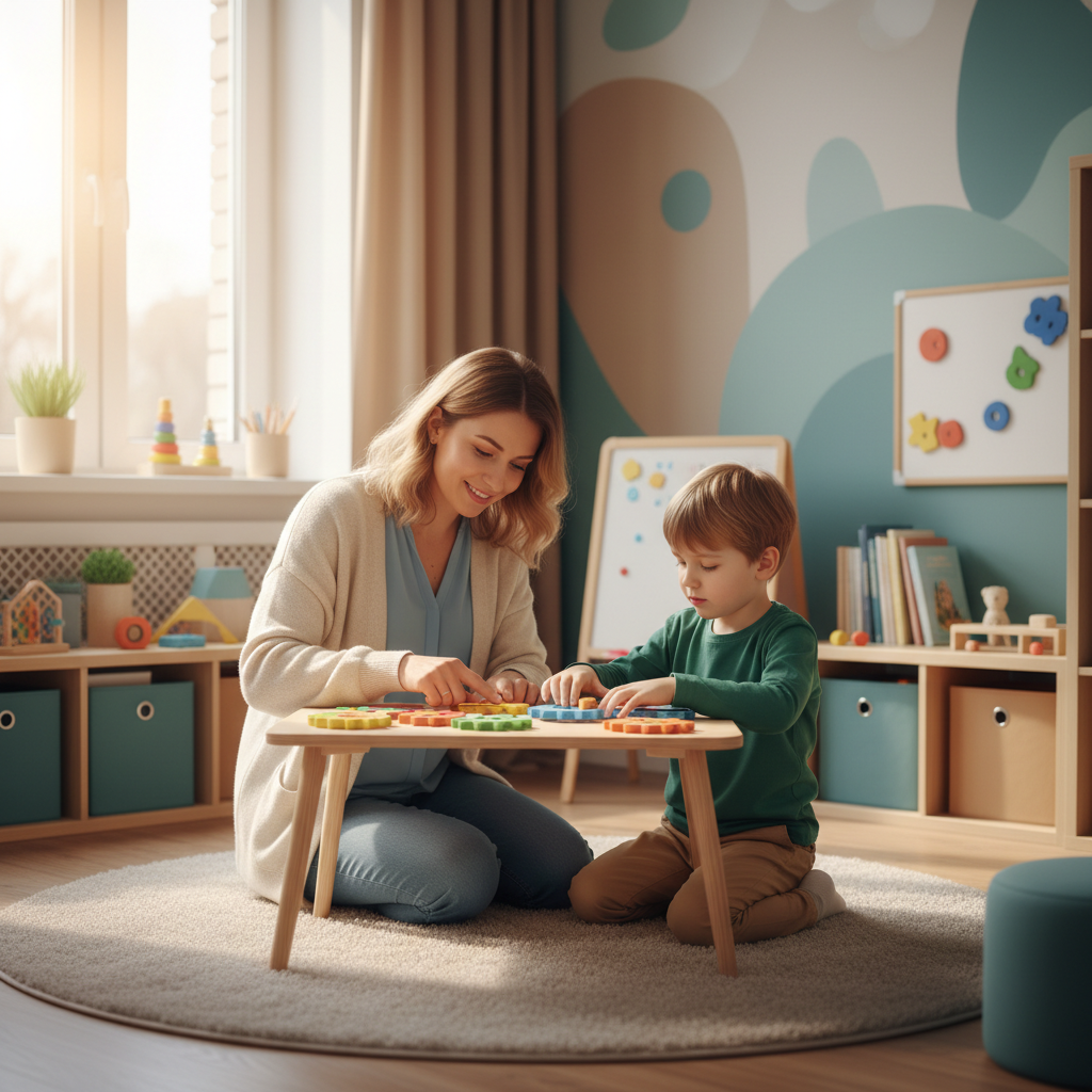Una neuropsichiatra infantile che interagisce con un bambino in uno studio accogliente e colorato con giochi educativi.