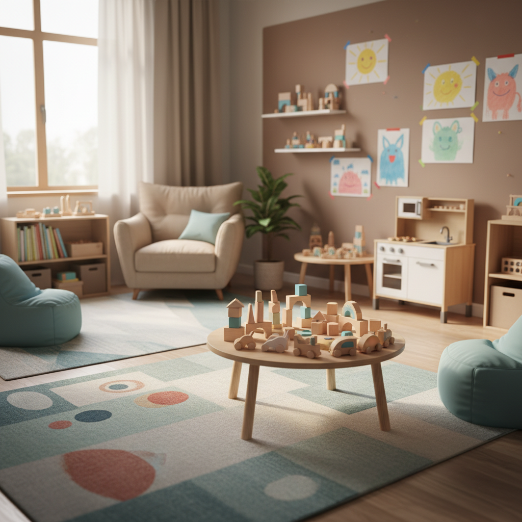 Una stanza accogliente per terapia infantile con tappeti colorati, giochi in legno e disegni alle pareti in un ambiente luminoso.