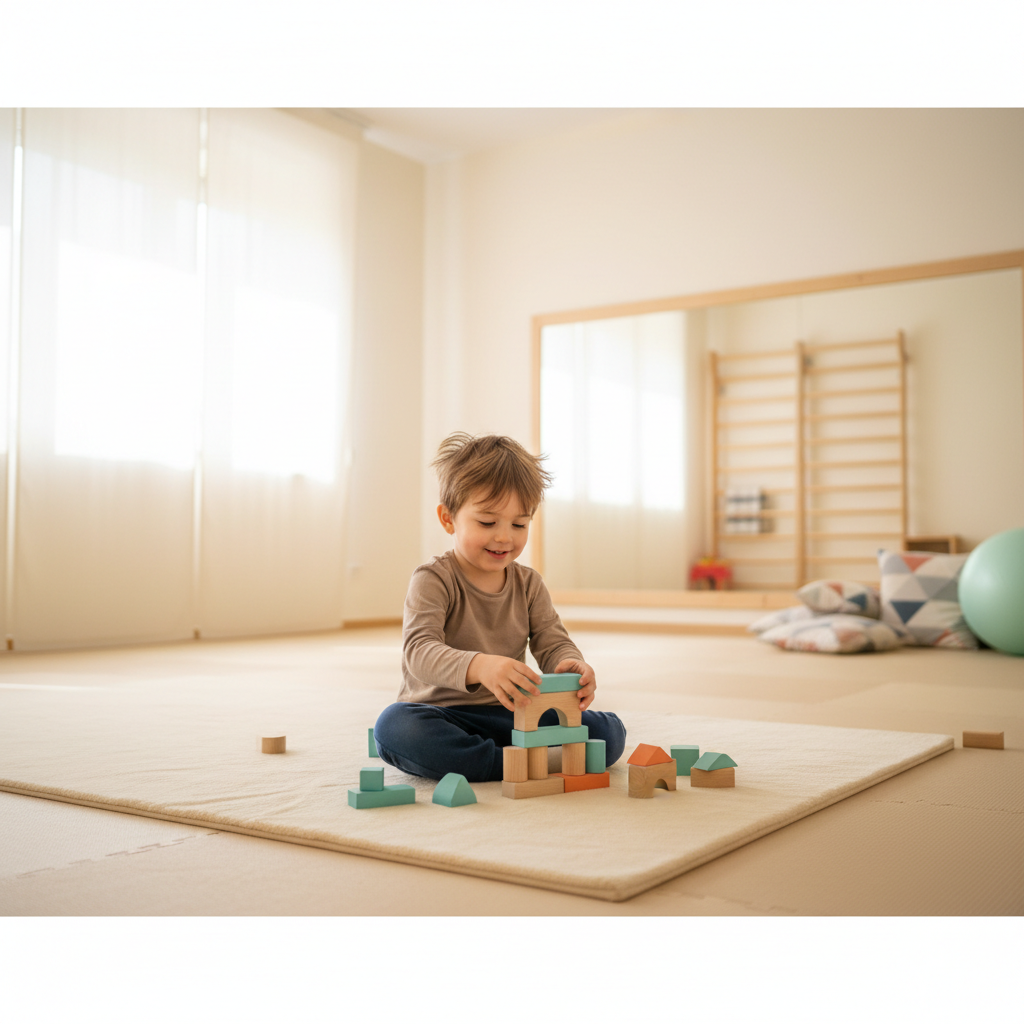 Un bambino che gioca con dei blocchi colorati in una sala di psicomotricità luminosa e sicura.