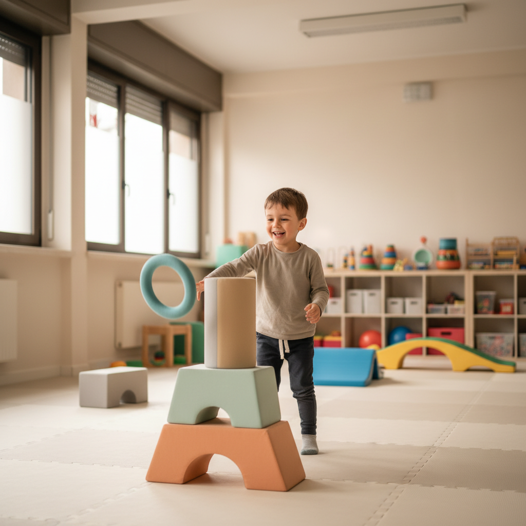 Bambino che gioca con cerchi colorati e blocchi di gommapiuma in una sala di psicomotricità luminosa