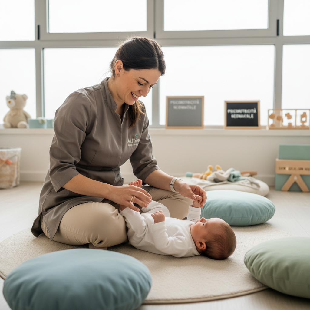 Una specialista del Centro Althea che interagisce dolcemente con un neonato su un tappeto morbido durante una sessione di psicomotricità neonatale.