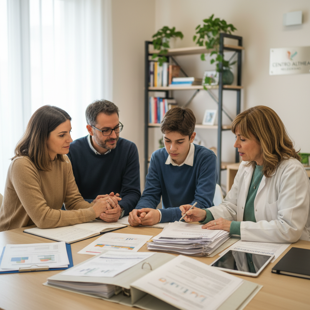Una specialista del Centro Althea che revisiona documenti clinici con una famiglia per il rinnovo della diagnosi DSA.