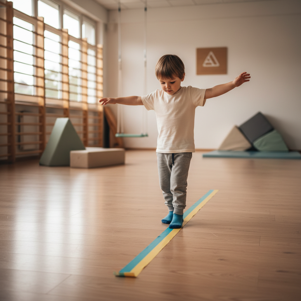 Un bambino che cerca di camminare in equilibrio su una linea colorata in una sala di psicomotricità attrezzata.