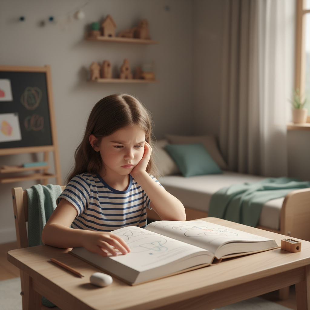 Una bambina seduta alla scrivania della sua cameretta mentre cerca di leggere un libro con espressione concentrata e pensierosa.
