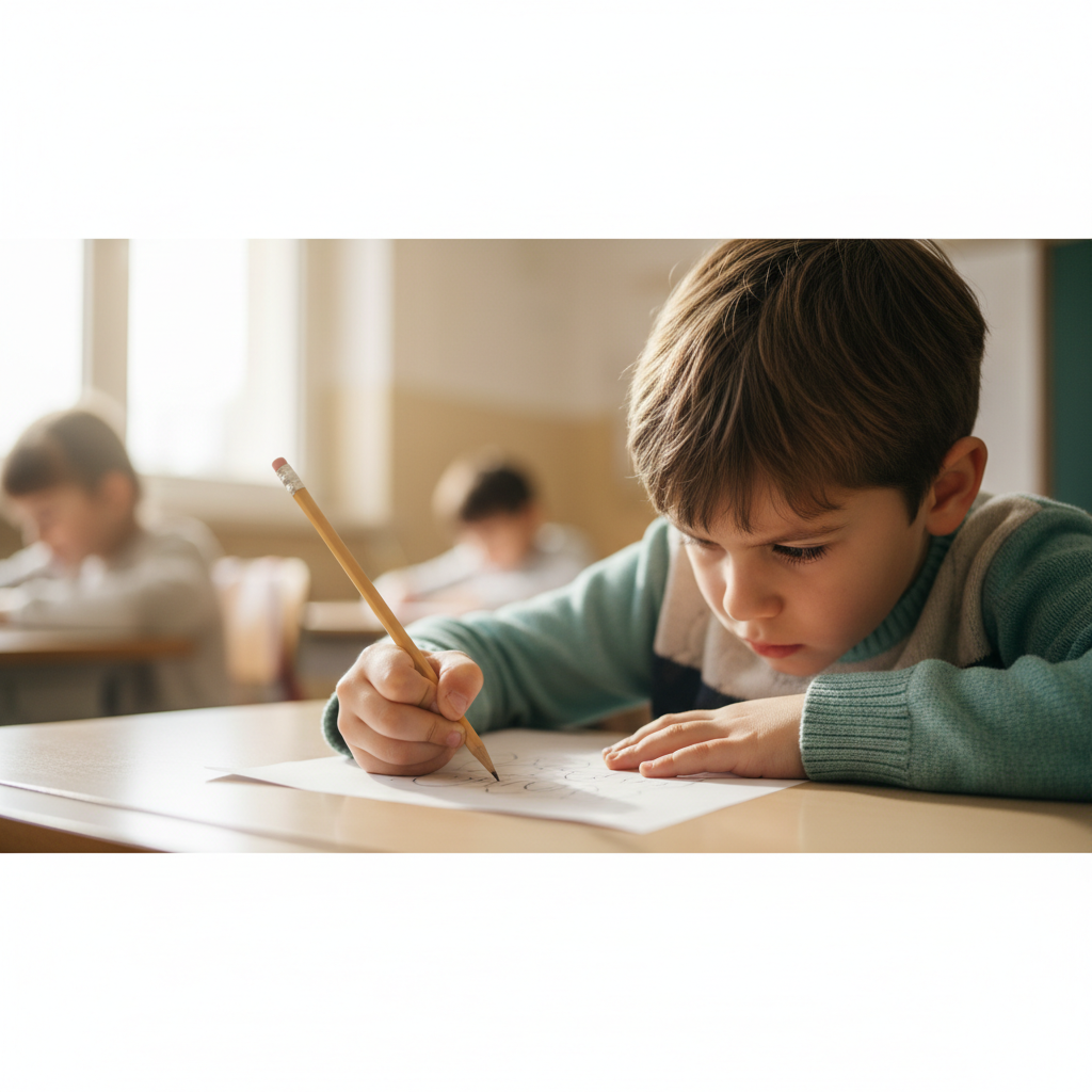 Un bambino che tiene faticosamente una matita durante un compito in classe, immagine simbolica delle difficoltà di scrittura.