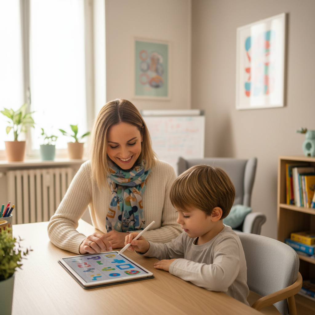 Psicologa infantile sorridente che somministra un test di apprendimento a un bambino in uno studio professionale accogliente a San Giuliano Milanese.