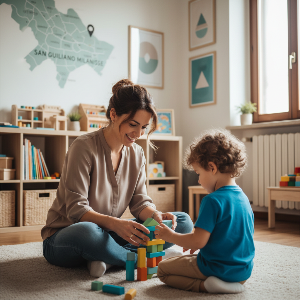 Una logopedista sorridente interagisce con un bambino usando giochi educativi colorati in uno studio accogliente a San Giuliano Milanese.